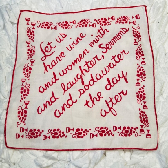 1950's Vintage Cocktail Napkins Cream/Red Embroidered 6 Quotes Hostess Gift - Picture 2 of 10